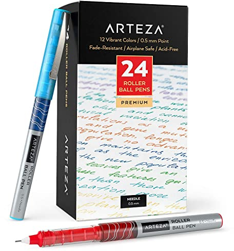 ARTEZA Rollerball Pens, 24 Pack, 12 Colors, 0.5 mm Needle Nib
