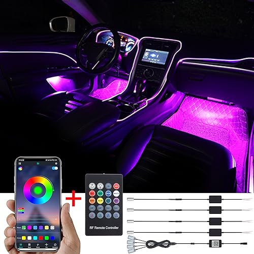 TABEN Ambient Light APP-Steuerung + RGB-Fernbedienung Auto Atmosphärenlicht Lampe Soft DIY Refit 5m Glasfaserband 64 Farben Innenraum Fußraumbeleuchtung Dekoratives Licht 1W DC 12V-24V