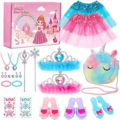 Jojoin Chaussures de Princesse Fille, Déguisement Accessoires avec 3 Paires Chaussures, 1 Licorne Sac , 2 Jupes, Bijoux pour Carnaval, Halloween, Cadeau Noël, 3-6 Ans, Rose, Bleu, S