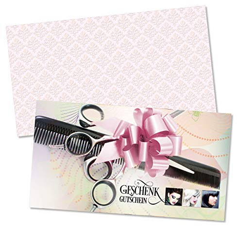 GESCHENKGUTSCHEINcom by POS-HAUER. Gutschein-Set. 10x Gutschein + Kuvert. Für Friseurgeschäfte Friseure, blanko zum selber Ausfüllen.