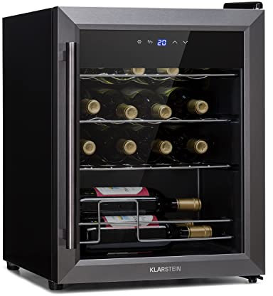 Klarstein Ultimo Uno - Vinoteca, Nevera para vinos con regulador de temperatura entre 5 y 8 °C, Control táctil, Iluminación interior LED, Espacio para 16 botellas, 42 litros de volumen, Negro