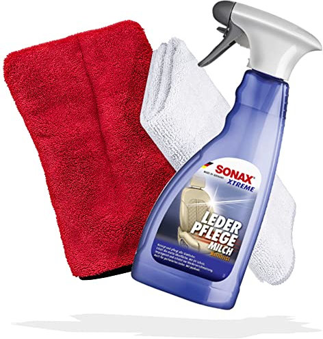 detailmate Innenraum Leder Reinigungs Bundle - SONAX Leder Pflege Milch, Innenraumreiniger für Autositze Premium Mikrofasertuch 320 GSM, 40x40 cm Waschhandschuh 1000 GSM