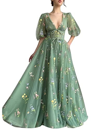 Ballkleider mit Blumenstickerei, halblange Ärmel, gestuft, Tüll, Abendkleid, Partykleid für Damen, grün, 52