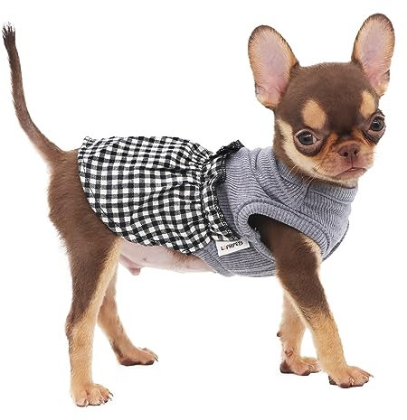LOPHIPETS Dog Plaid Dress for Small Dogs Teacup Chihuahua Yorkie Puppy Cat Clothes-Black and White Plaid/XXS