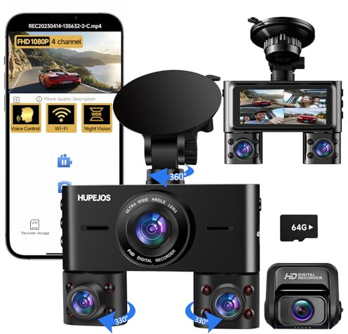 2K 4 Channel Dash Cam Front and Rear Inside, 360° View Car Camera 2K FHD, Dash Camera for Cars Built-in Wi-Fi, Dashcam with 64GB Card, Voice Control, WDR Night Vision, 24H Parking Mode V7