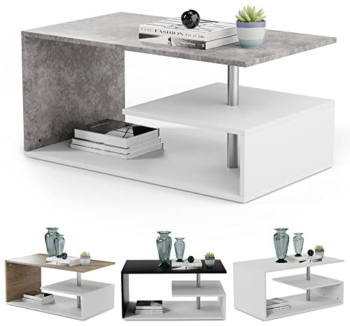 MIADOMODO® Couchtisch - 90x50 cm, mit Stauraum, Modern, Eckig, Asymmetrisch, Leicht, Lang, Niedrig, Weiß mit Betonoptik/Eichenoptik/Grau - Wohnzimmertisch, Sofatisch, Kaffeetisch (Weiß-Betonimitat)