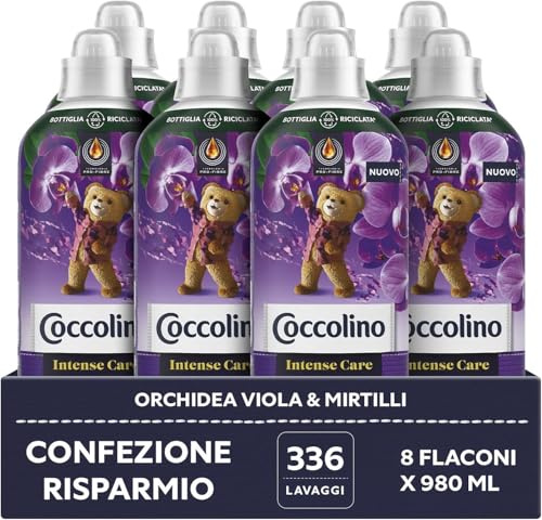 Coccolino Weichspülerkonzentrat, Orchidee und Blaubeeren, Weichspüler für Waschmaschine Intense Care mit Pro-Fibre-Technologie, Format bis zu 336 Wäschen, 8 Stück à 980 ml