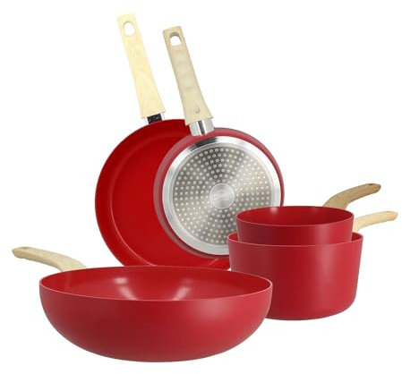 MENASTYL - Batterie de cuisine 5 pièces avec revêtement antiadhésif céramique (Sans PFAS/Sans PTFE) tous feux dont induction - 2 poêles / 2 casseroles / 1 wok - Gamme Colorama - Magenta - 6014170