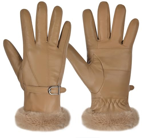 Harssidanzar Guanti in Pelle da Donna Invernali Caldi Foderati di Pelliccia, Guanti da Abito, SL022EU, Cachi, Taglia L