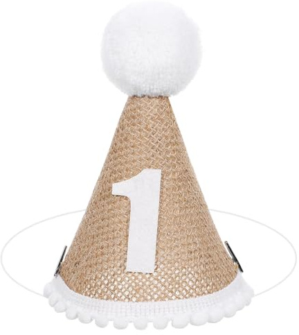 SAFIGLE Geburtstagshut Baby 1 Jahr Leinen Kinder Mit Pompon 4.72X2.87X0.98 Zoll Geburtstags-Kopfbedeckung Für Mädchen Und Jungen Babyfeier