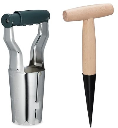 Relaxdays Blumenzwiebelpflanzer, 2er Set, Setzholz & Zwiebelpflanzer, Blumenzwiebeln Pflanzen, Metall & Holz, Mehrfarbig