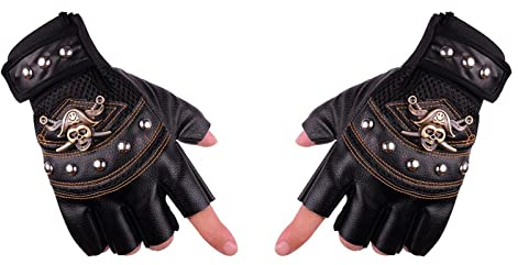 tixoacke Fingerlose Fahrradhandschuhe mit Nieten, Halbfinger, sturzsicher, cooler Totenkopf-Nieten, Sommer, Hip-Hop, Rock and Roll, schwarzes Leder, Motorradhandschuhe