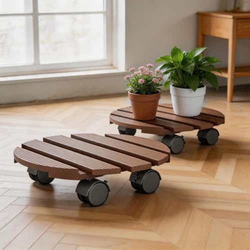 FIVMEN Pflanzenroller Rund 2X Rollbrett Pflanzen WPC Blumenroller 30cm Blumentopf Untersetzer mit Rollen Außenbereich MAX. 100KG, Braun