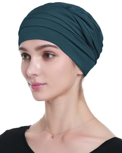 Huvuddukar för kemo-huvudbonader för cancerpatienter gjorda av viskos – varm, superbekväm, Mörkblå-grön, one size