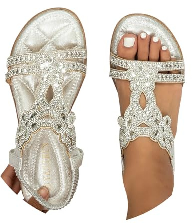Fashion Rhinestones Flower Womens Sandals, T-Strap Open Toe Flats for Summer Beach Ladies