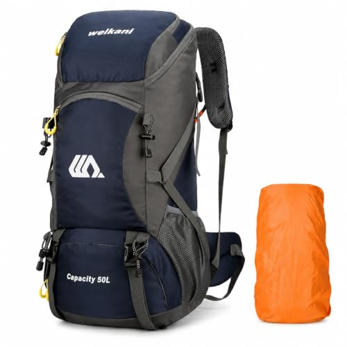 Kugooyi 50L Wanderrucksack mit Regenschutz Wasserdicht Leichtes Camping Outdoor Sport Trekking Klettern Skifahren Reisetasche (Blau)