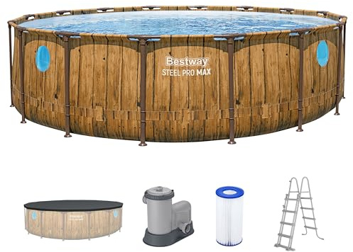 Bestway Steel Pro MAX Splashview Frame Pool Komplett-Set mit Filterpumpe Ø 488 x 122 cm, Holz-Optik (Pinie), rund