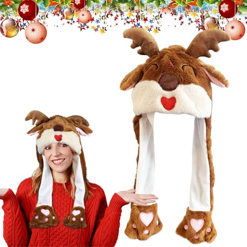 Weihnachtsmütze Plüsch, Lustige Nikolausmütze, Weihnachtsmütze Beweglicher Ohren, Weihnachts Mütze Plüsch, Weihnachtsmann Mütze mit Beweglichen Ohren, Christmas Hat, Santa Hat für Erwachsene Kinder