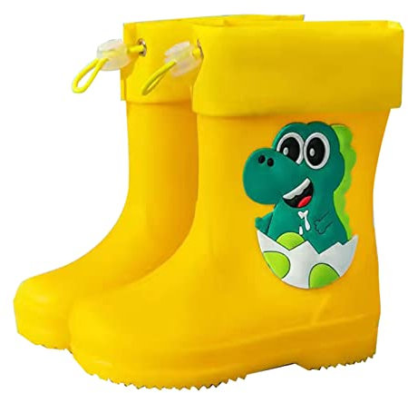 Sunnyuk Regenstiefel Kinder Mädchen Soft Durable Kindergummistiefel für 1-9 Jahre Dreidimensional Dinosaurierdruck Kinderstiefel Wasserdicht Rutschfesten Regenschuhe (S1-Yellow, 28 Little Child)