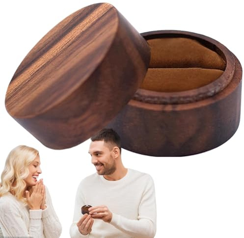 Caja de madera para anillos – Caja de almacenamiento redonda de nogal – Caja de almacenamiento portátil para anillos, caja de joyería para propuesta de ceremonia de boda