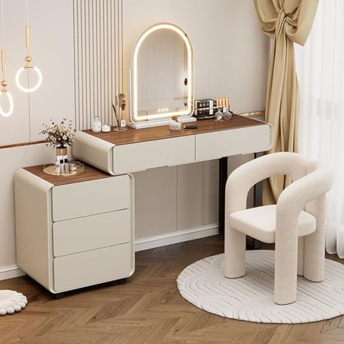 Toeletta da Trucco Moderna con Specchio Illuminato Toletta con Cassetti e Armadietto Regolabile Scrivania da Trucco con Specchio e Luci Tavolini da Toilette per Camera da Letto per Donne e Ragazze(Wal