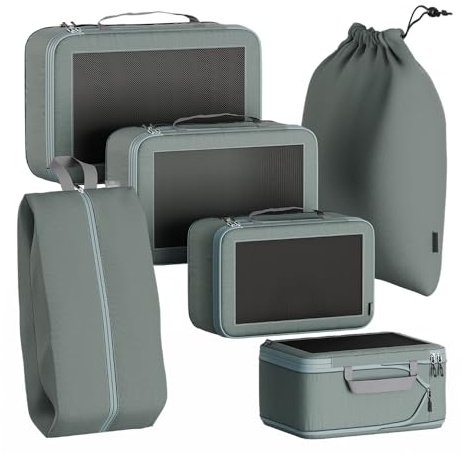 Serentify Extra Deep Compression Packing Cubes for Suitcases - 6PCS Suitcase Organiser Bags Set (XL, L, M, S, Shoe Bag, Laundry Bag) - Durable Nylon Ripstop Fabric (Grey)