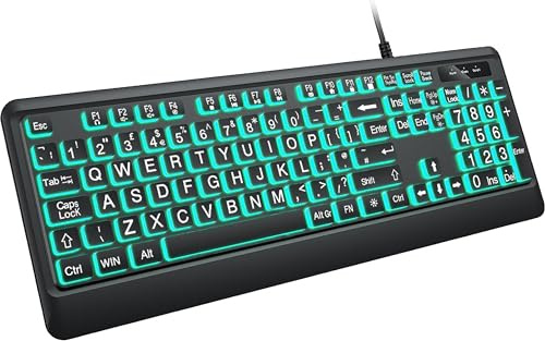 BERGUF Large Print Backlit Keyboard, Wired USB Lighted Computer Keyboards with 7-Color Backlit, Oversize Letters Keys Easy to See and Type, Quiet Keyboard Compatible for PC, Laptop (Large)