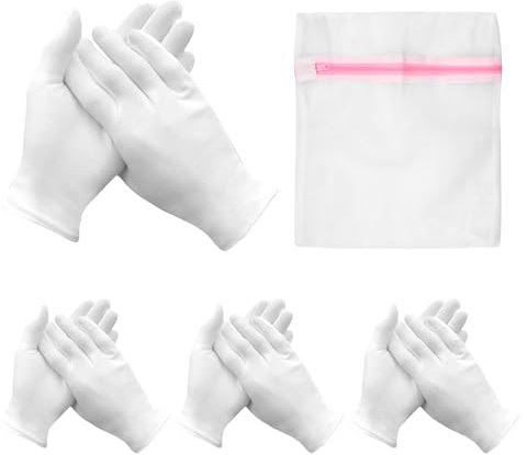 BORISCA 4 Paar Baumwollhandschuhe Weiß, Stoffhandschuhe aus 100% Baumwolle, Feuchtigkeitsspendende Handschuhe Baumwolle Handpflege Handschuhe Weiche mit Wäschesack, Cotton Gloves für Trockene Hände