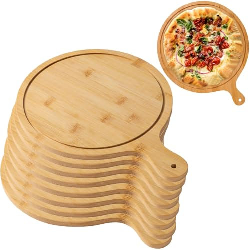 Juego de 8 tableros de servir pizza de madera con asas, bandeja ligera para hacer pizza y almacenar, se adapta a hasta 33 cm marrón claro 25 cm tamaño