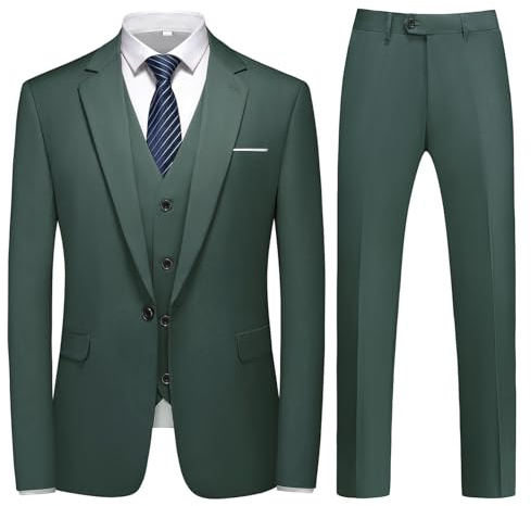 KUDMOL Herr 3 delar kostym business en knapp smoking kostym för män smoking klassisk blazer väst byxor set, Armégrönt, S
