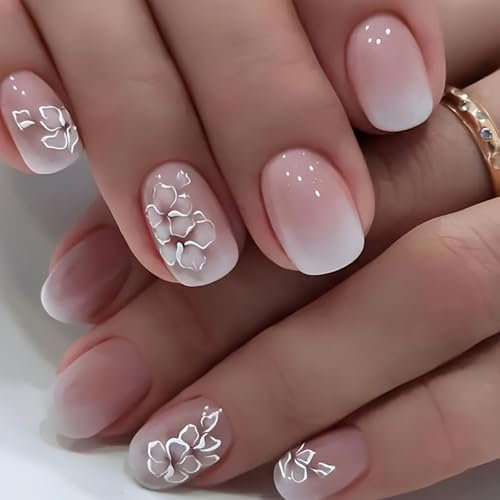 24 faux ongles carrés autocollants blancs à motif floral - Dégradé rose - Ongles courts réutilisables pour manucure DIY