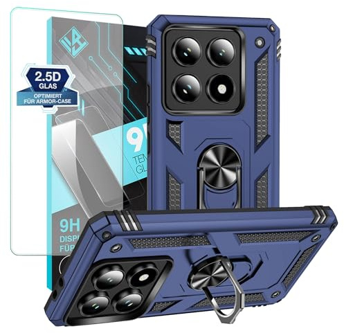 LBH Outdoor Hülle für Xiaomi 14T Pro mit Displayglas Armor Militär Stoßfest Handyhülle 360 Grad Metal Ring Halter Ständer Schutzhülle für Handyhalterung Auto Magnet Blau