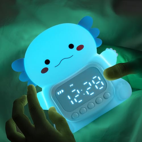 Yiliaw Axolotl Wecker mit Nachtlicht für Kinder, 7 RGB-Farben Süße für Schlafzimmer, Ok to Wake Wecker, Silikon Tier Tischlampe für Teenager-Mädchen und Jungen, Blau