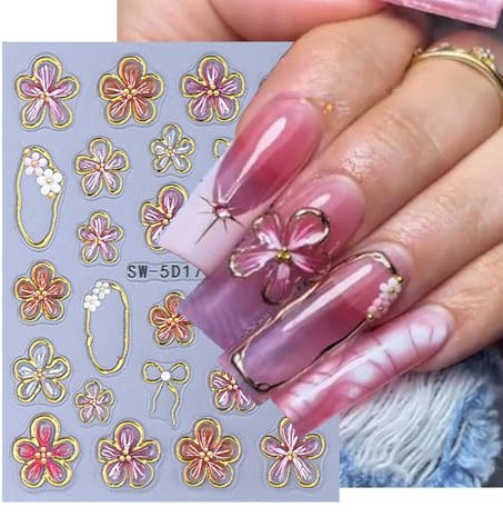 Cosmeria Nagelsticker Blumen, 2 Blatt 5D Floral Nagelaufkleber, Frühling und Sommer Nageldesign, Rosa und Gold Blumenaufkleber für DIY