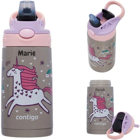 Contigo Personalisierbare Kinder Thermo-Trinkflasche 380 ml – mit Gravur, Easy Clean AUTOSPOUT-Verschluss, auslaufsicher – Geschenkidee (Strawberry Unicorn)