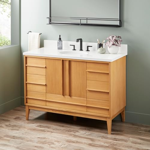 Signature Hardware 955208-48-UM-3 Sybill 48 Freestanding Teak Single Basin Vanity Set with Cabinet, Vanity Top, and Oval Porcelain Sink - 8 Faucet Holes - Natural Teak/Arctic White