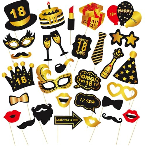 ZILZUFA 30 Pezzi Accessori Photo Booth per 18 Anni, Decorazione Compleanno 18 Anni Nero Oro, Gadget per Feste di Compleanno, Regalo Uomo e Donna, Decorazione Tavolo, Photo Booth
