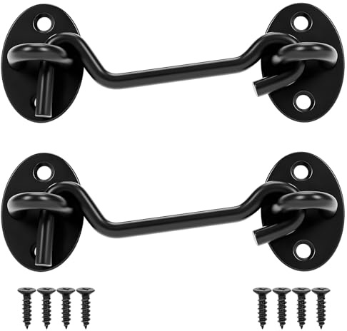 2 Stück Türriegel, 10 cm Edelstahl Riegelschloss mit 8 Befestigungsschrauben, Schwarz Sturmhaken mit öSe für Tor, Garage, Zaun, Gartentor Fenster oder Schuppen (Schwarz)