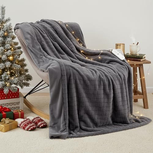 CURECURE Elektrisk värmefilt 130x180cm, 3D grid kanin fleece & Flanell, 4 värmenivåer, Auto av 10T, Maskintvättbar värmefilt för säng soffa kontor (Mörkgrå)