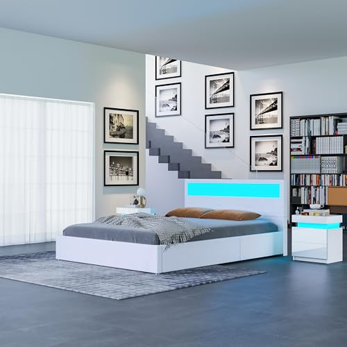 Komtopod Polsterbett Doppelbett 140x200 cm mit LED Beleuchtung, Hydraulisch Stauraumbett Metallbett mit Lattenrost, Bettgestell mit Stauraum (ohne Matratze) (Weiß, 140x200 cm)