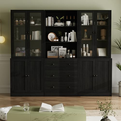 VOWNER 5-stöckiges Bücherregal mit Glastüren, 180 cm Vitrinenschrank, Küchenschränke, Küchenschrank Hochschrank, Buffetschrank für Küche, Wohnzimmer, Esszimmer, 3PCS (Schwarz)