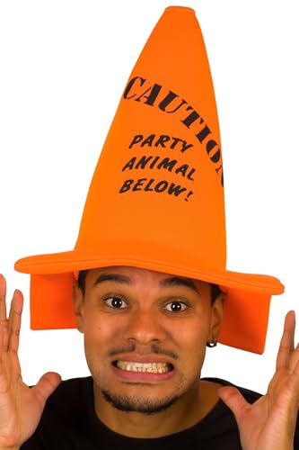 KarnevalsTeufel Pylone Partyhut Caution – Party Animal Below! Lustiger Verkehrskegel-Hut in Neonorange Auffälliges Accessoire Party Gadget