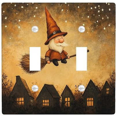 Halloween Gnomes Decorative Light Switch Cover Wall Plate 2 Gang Double Toggle, Funny Witch Broom Stars Electrical Faceplate for Kitchen Bathroom, Fun Switchcover Decor