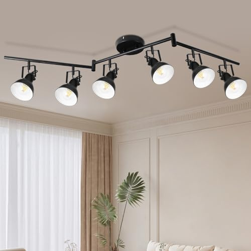 HiBay LED Deckenstrahler 6 Flammig E27 Deckenleuchte Schlafzimmer Vintage Schwarz-Weiß Deckenlampe Wohnzimmer Schwenkbar Max. 60 Watt Ohne Leuchtmittel | LED Deckenleuchte 350° Drehbar Deckenlampe 230V Max. 60Watt für Wohnzimmer Schlafzimmer Industrielampen Ohne Leuchtmittel