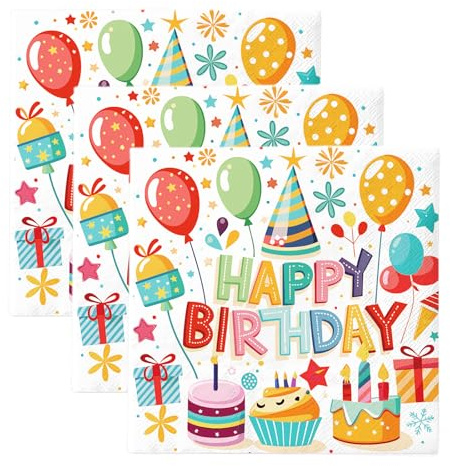 40 Stück servietten geburtstag, 33x33cm tischdeko geburtstag servietten,Bunte Luftballons, Kuchen, servietten kindergeburtstag für Junge Mädchen Geburtstag Party Deko