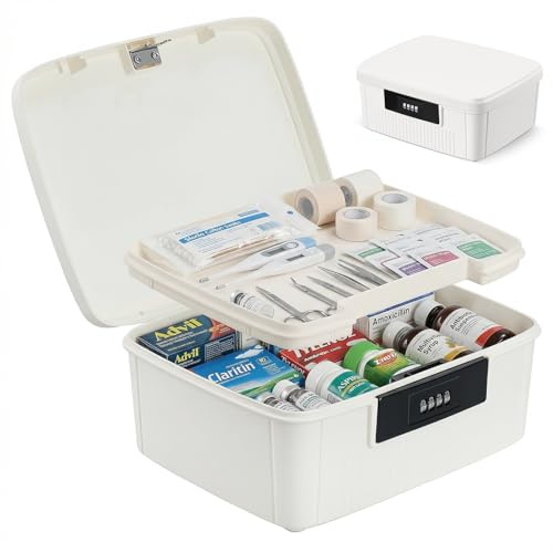 Mgrety Locking Storage Container, Medicine Storage Box with Combination Lock, Office Documents Safety, 2 Layer Medication Lock Container, Organizer Box for Medicine, Snacks, Phone, Office Documents