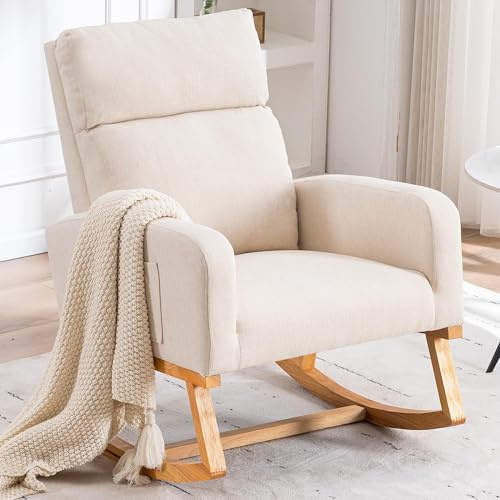 Mecedora para lactancia, silla mecedora, silla de lactancia acolchada con patas de madera y bolsillos laterales, silla mecedora de respaldo alto para lactancia, para salón, dormitorio y habitación de