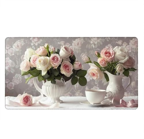 Large Gaming Mouse Mat 2000 x 1000 x 3MM XL Extended Desk Pad, Gaming Keyboard Mousepad Waterproof, Big Mouse Pad with Non-Slip Base and Stitched Edge, Office Home Computer Keyboard (Rose Cup) xR2-529