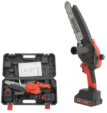 ROGONPDK Mini motosierra eléctrica de 8 pulgadas, motosierra manual con 2 baterías, 21 V, 2000 mAh, motosierra para jardines, granjas, ranchos, etc