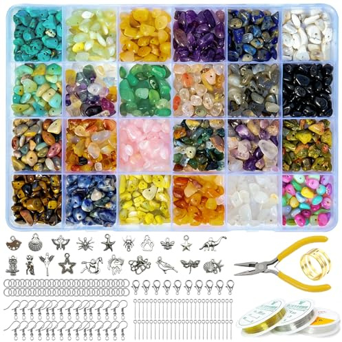 JTHTJOK Naturstein Perlen für Armbänder 24 Farben Edelstein Perlen 5–8 mm Schmuck Selber Machen Set, Kristallperlen zum Auffädeln, DIY Bastelset für Ringe, Ohrringe, Halsketten Erwachsene